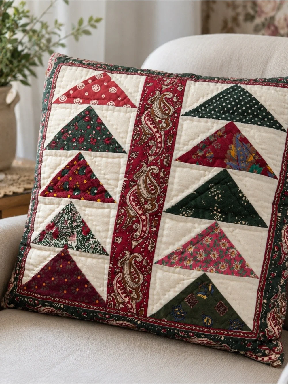 Vintage Quilted Patchwork Pillow 16x16 Paisley Floral Cottage Farmhouse Decor